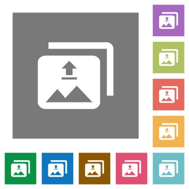Birden çok görüntü düz simgesi basit renkli kare arka planlar üzerinde upload