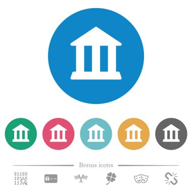 Ofis Binası düz beyaz simgeler yuvarlak renkli arka planlar üzerinde banka. 6 bonus simgeler dahil.