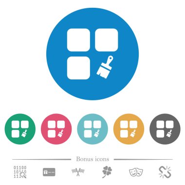 Bileşen yuvarlak renkli arka planlar üzerinde düz beyaz simgeler yapıştırmak. 6 bonus simgeler dahil.