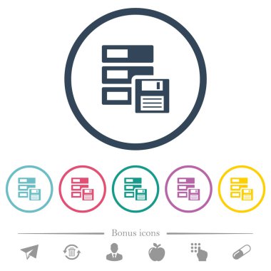 Veri yedekleme düz renkli simgeler yuvarlak özetliyor. 6 bonus simgeler dahil.