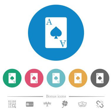 Ası maça kart düz beyaz simgeleri yuvarlak renkli arka planlar. 6 bonus simgeler dahil.