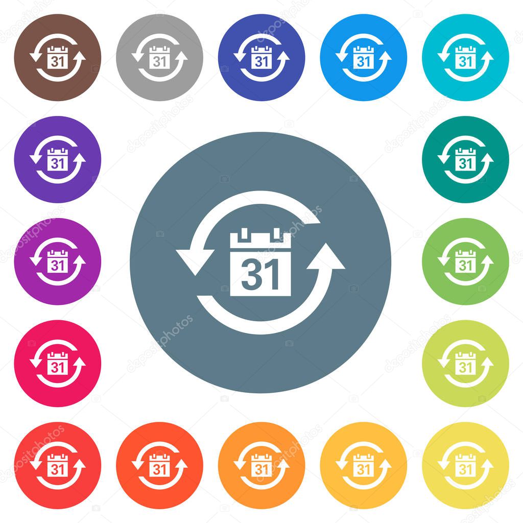 Monthly subscription flat white icons on round color backgrounds. 17 background color variations are included.