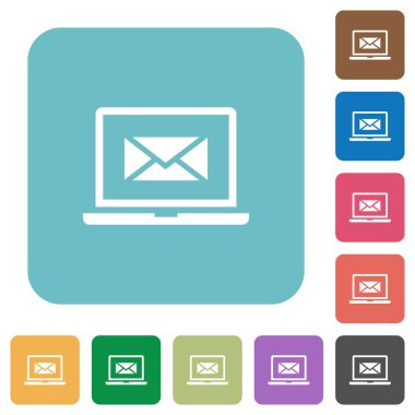 Laptop ile posta simgesi beyaz düz simgeler renk üzerinde yuvarlak kare arka planlar