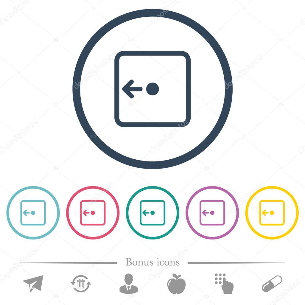 Move object left flat color icons in round outlines. 6 bonus icons included.