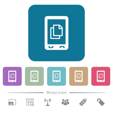 Mobil iletişim beyaz düz simgeler renk üzerinde kare arka planlar yuvarlanır. 6 bonus simgeler dahil