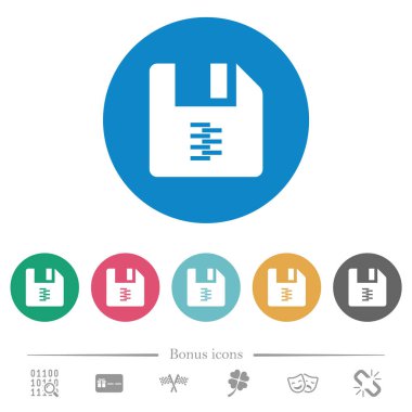 yuvarlak ZIP arşiv dosya düz beyaz simgeler üzerinde renkli arka planlar. 6 bonus simgeler dahil.