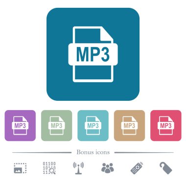 MP3 dosya biçimi beyaz düz simgeler renk üzerinde kare arka planlar yuvarlanır. 6 bonus simgeler dahil