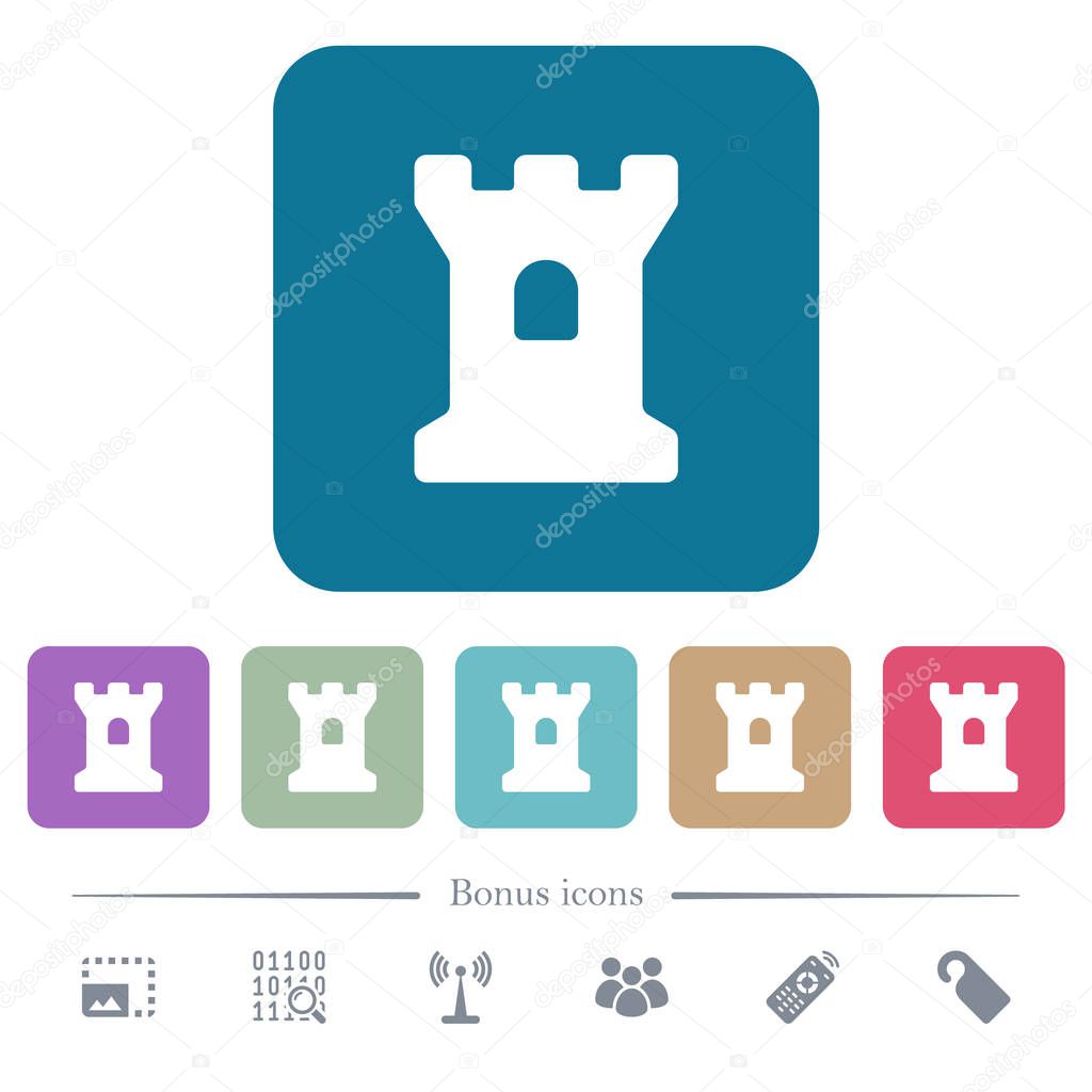 Bastion white flat icons on color rounded square backgrounds. 6 bonus icons included