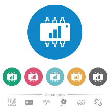 Donanım ivmesi düz beyaz simgeleri yuvarlak renkli arka planlar. 6 bonus simgeler dahil.