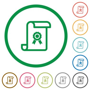 Sertifika düz renk simgeleri beyaz arka plan üzerinde yuvarlak ana hatları ile kaydırma