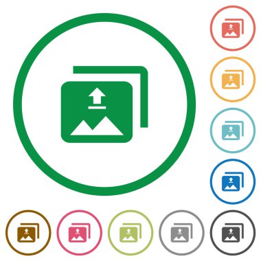 Birden çok görüntü düz renk simgesi beyaz arka plan üzerinde yuvarlak anahatlar olarak upload