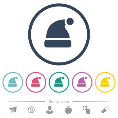 Santa şapka düz renkli simgeler yuvarlak özetliyor. 6 bonus simgeler dahil.