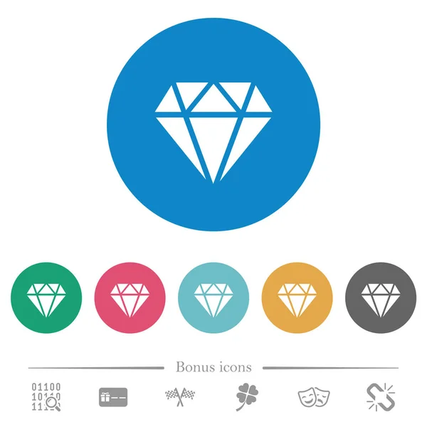 圆形颜色背景上的钻石扁平白色图标 包含6个奖金图标 — 图库矢量图片