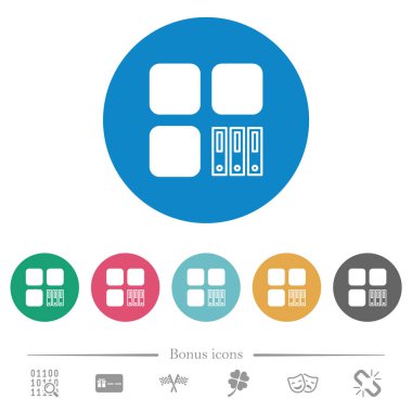 Arşiv bileşeni düz beyaz simgeleri yuvarlak renkli arka planlar. 6 bonus simgeler dahil.