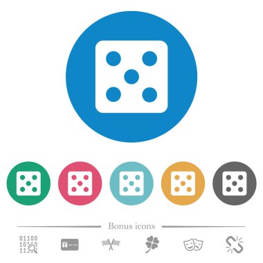 Beş düz beyaz simgeler yuvarlak renkli arka planlar üzerinde zar. 6 bonus simgeler dahil.