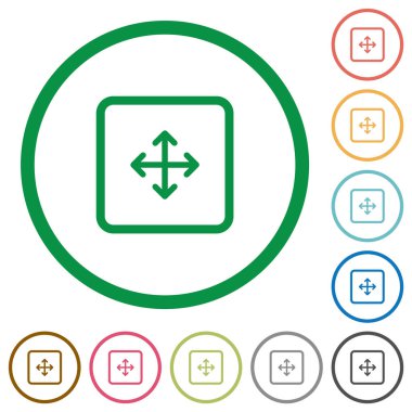 Sürükle nesnesi düz renk simgeleri özetliyor beyaz arka plan üzerinde yuvarlak