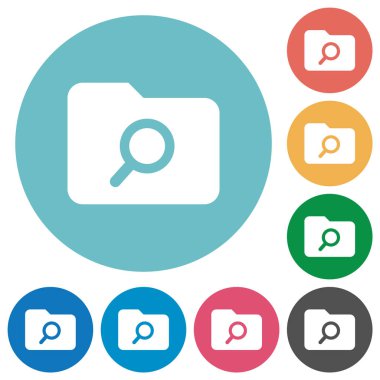 Klasör arama düz beyaz simgeleri yuvarlak renkli arka planlar üzerinde