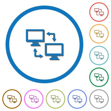 Veri eşitleme düz renk vektör simgeler gölgelerde ile özetliyor beyaz arka plan üzerinde yuvarlak