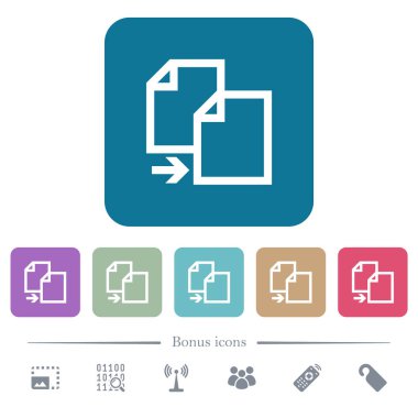 Madde beyaz düz simgeler yuvarlak renkli kare arka planlar üzerinde kopyalayın. 6 bonus simgeler dahil