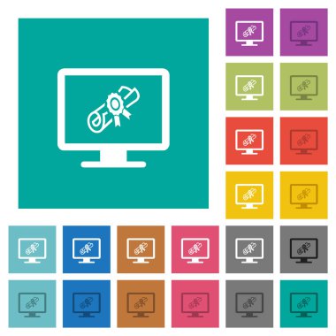 Webinar monitör çok düz simgeler düz kare arka plan üzerinde renkli. Beyaz ve koyu kutsal kişilerin resmi varyasyon hover veya etkin efektleri dahil.