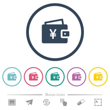 Yen cüzdan düz renkli simgeler yuvarlak özetliyor. 6 bonus simgeler dahil.