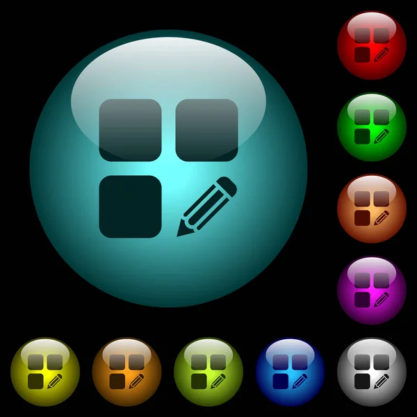 Edit Component Icons Color Illuminated Spherical Glass Buttons Black Background — Stock Vector