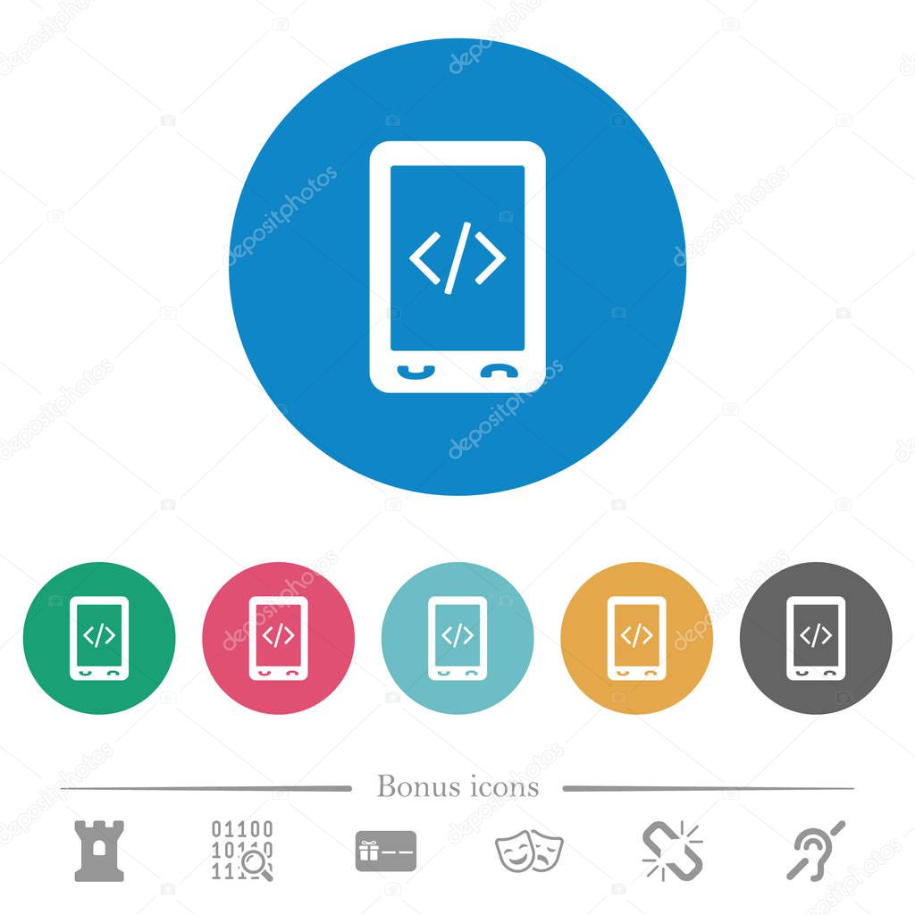 Mobile scripting flat white icons on round color backgrounds. 6 bonus icons included.