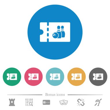 Bowling indirim kupon düz beyaz simgeleri yuvarlak renkli arka planlar. 6 bonus simgeler dahil.