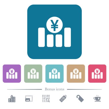 Yen mali grafik beyaz düz simgeler renk üzerinde kare arka planlar yuvarlanır. 6 bonus simgeler dahil