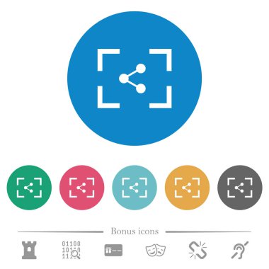 Kamera Paylaş düz beyaz görüntü simgeleri yuvarlak renkli arka planlar. 6 bonus simgeler dahil.