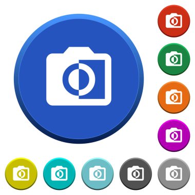 Tek renkli fotoğraflar renkli eğimli düğmeler düzgün yüzeyler ve düz beyaz simgeler ile yuvarlak