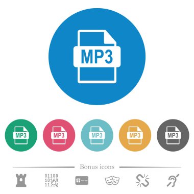 Yuvarlak MP3 dosya biçimi düz beyaz simgeler üzerinde renkli arka planlar. 6 bonus simgeler dahil.