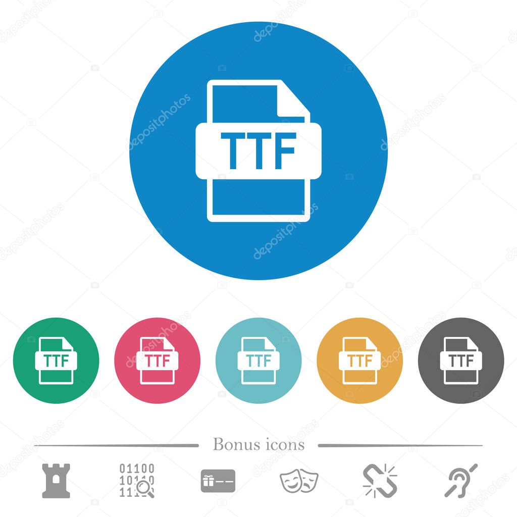 TTF file format flat white icons on round color backgrounds. 6 bonus icons included.