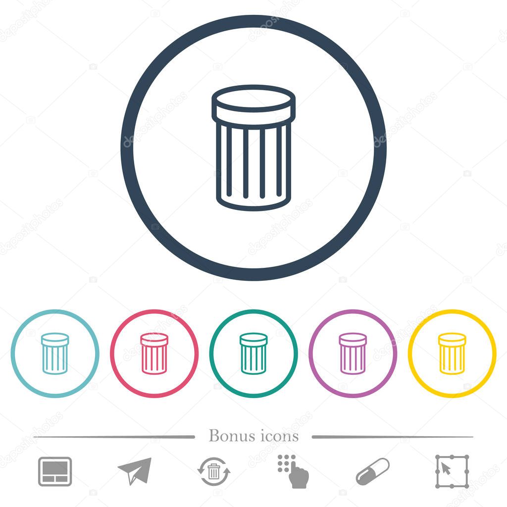 Trash flat color icons in round outlines. 6 bonus icons included.