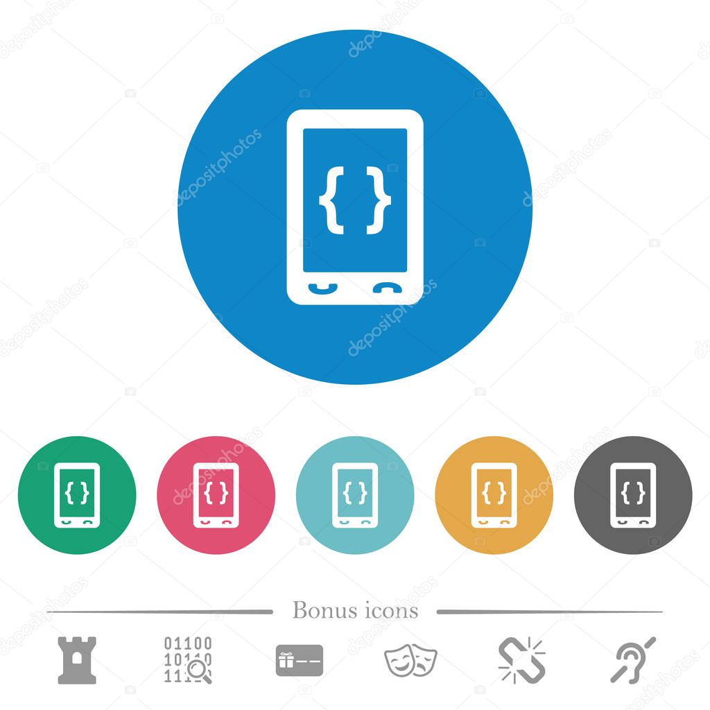 Mobile software development flat white icons on round color backgrounds. 6 bonus icons included.