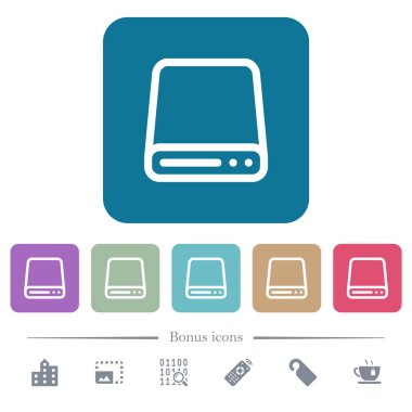 Sabit disk, beyaz düz simgeleri renkli yuvarlak kare arkaplan üzerine sürükler. 6 bonus simgesi dahil