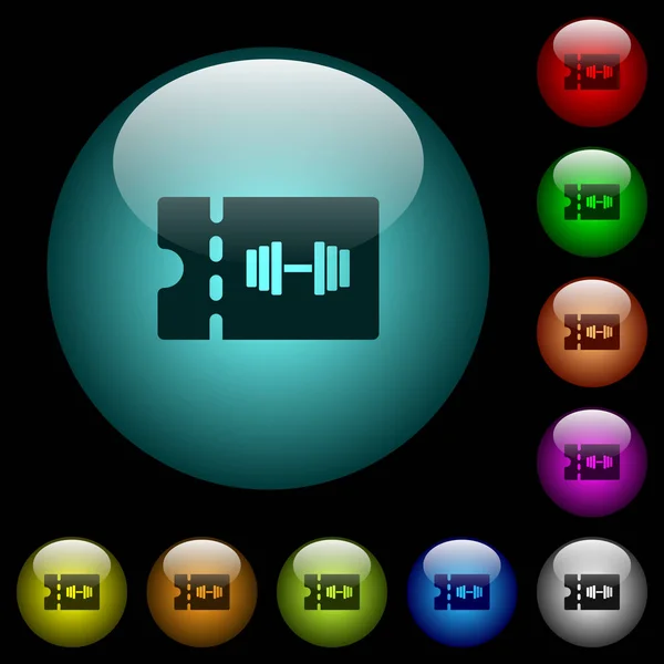 健身房折扣优惠券图标在彩色照明球面玻璃按钮上的黑色背景 可用于黑色或深色模板 — 图库矢量图片