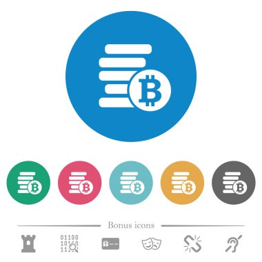 Bitcoins yuvarlak renkli arka planlar üzerinde beyaz simgeler düz. 6 bonus simgeler dahil.