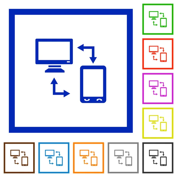 白い背景の上の正方形のフレームでデスクトップのフラット カラー アイコンにモバイル接続 — ストックベクタ