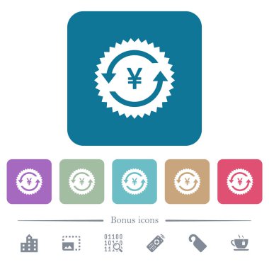 Yen geri kare arka planlar renk etiket beyaz düz simgeleri yuvarlak garanti ödeme. 6 bonus simgeler dahil