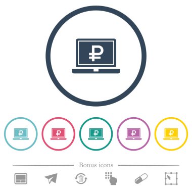 Laptop ile Rublesi işareti düz renk simgeleri yuvarlak özetliyor. 6 bonus simgeler dahil.