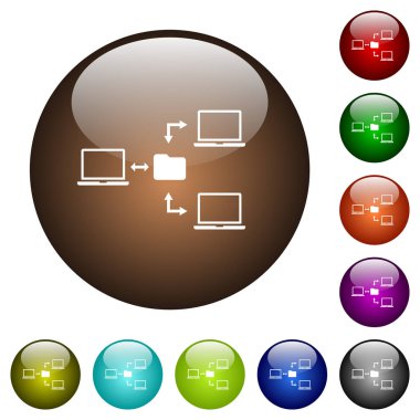 Ağ dosya sistemi beyaz simgeleri renk cam düğmeleri yuvarlak