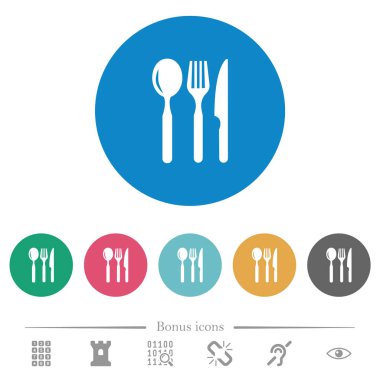 Restoran düz beyaz simgeleri yuvarlak renkli arka planlar. 6 bonus simgeler dahil.