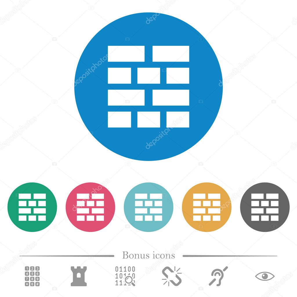 Brick wall flat white icons on round color backgrounds. 6 bonus icons included.