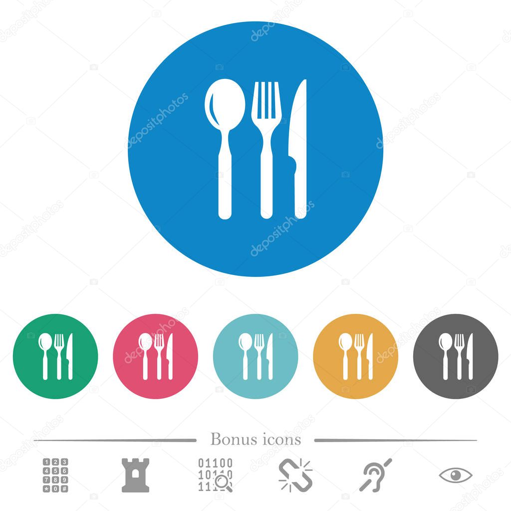 Restaurant flat white icons on round color backgrounds. 6 bonus icons included.