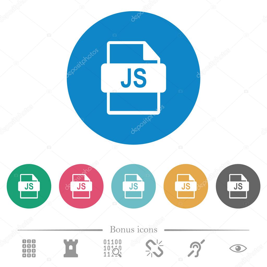 JS file format flat white icons on round color backgrounds. 6 bonus icons included.