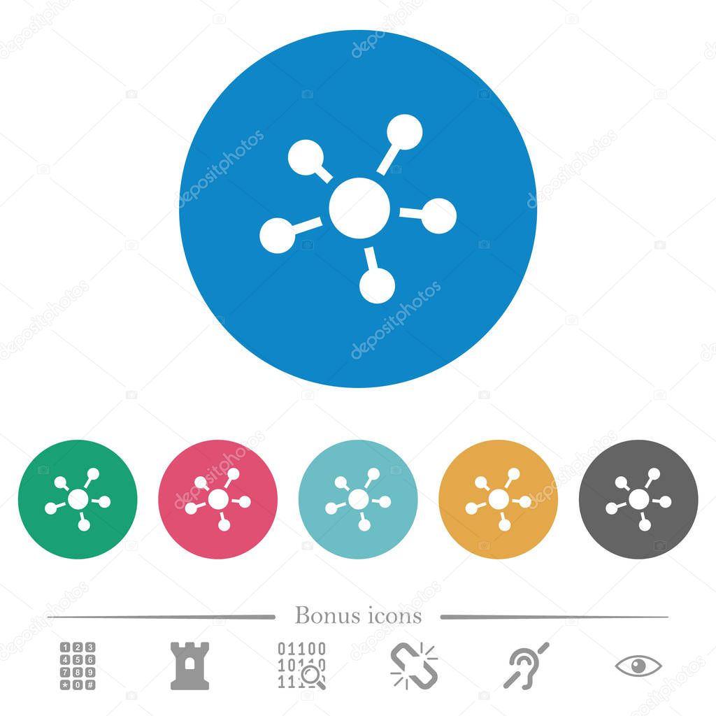 Network connections flat white icons on round color backgrounds. 6 bonus icons included.