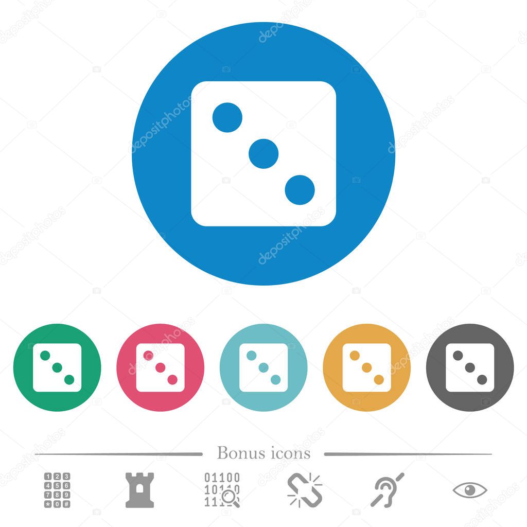 Dice three flat white icons on round color backgrounds. 6 bonus icons included.