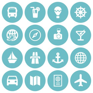 Set of 16 white flat travel icons on round light blue backgrounds clipart