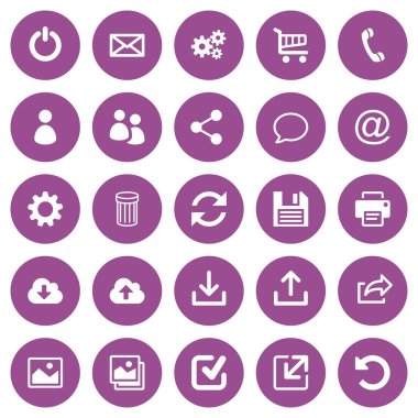 Yuvarlak mor arka planlar üzerinde 25 beyaz düz web simgeler kümesi